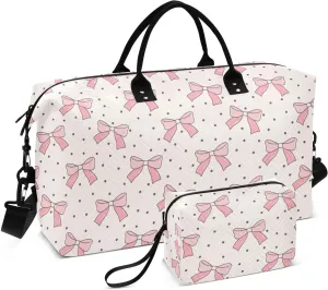Aslsiy Travel Duffel Bags for Women Coquette Pink Bows Sports Duffel Bag Polka Dot Retro Weekender Bags Gym Bag with Toiletry Bag Carry on Overnight Bag