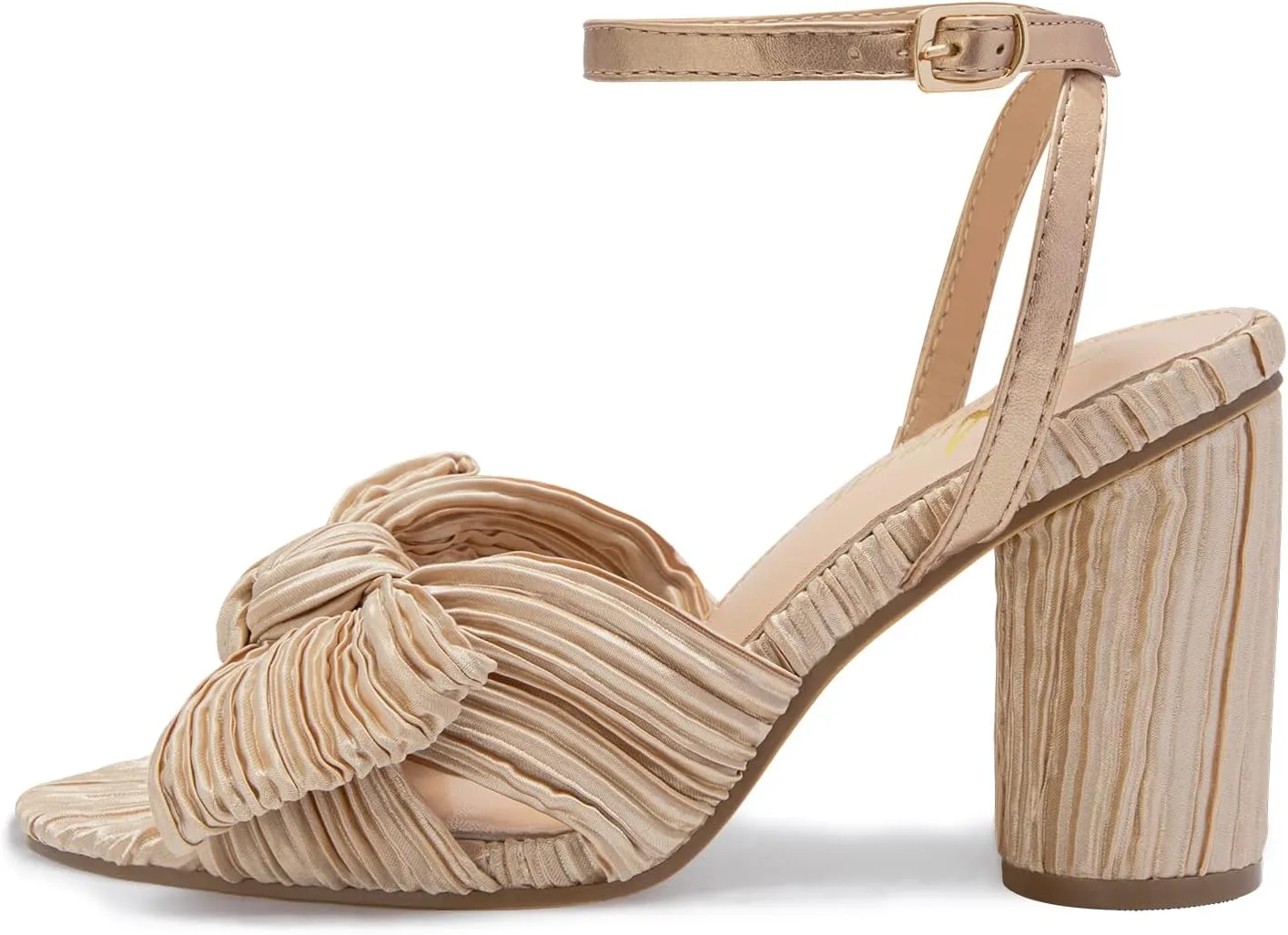 Athlefit Women's Open Toe Chunky Heels Pleated Bow Ankle Strap Heeled Sandals Wedding Bridal Shoes