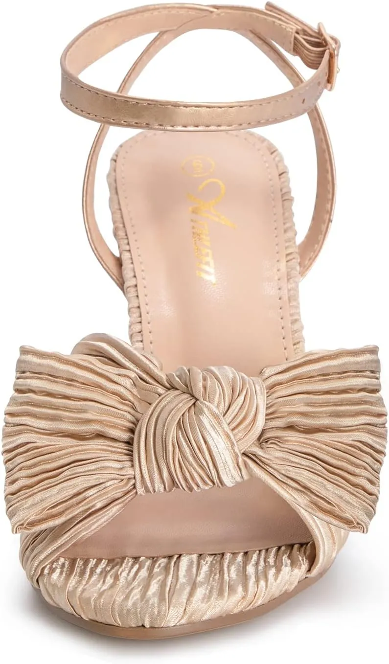 Athlefit Women's Open Toe Chunky Heels Pleated Bow Ankle Strap Heeled Sandals Wedding Bridal Shoes