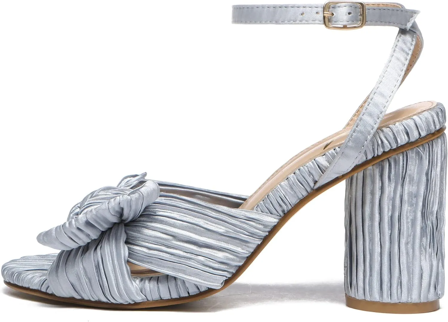Athlefit Women's Open Toe Chunky Heels Pleated Bow Ankle Strap Heeled Sandals Wedding Bridal Shoes