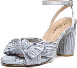 Athlefit Women's Open Toe Chunky Heels Pleated Bow Ankle Strap Heeled Sandals Wedding Bridal Shoes