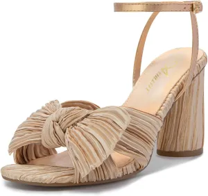 Athlefit Women's Open Toe Chunky Heels Pleated Bow Ankle Strap Heeled Sandals Wedding Bridal Shoes