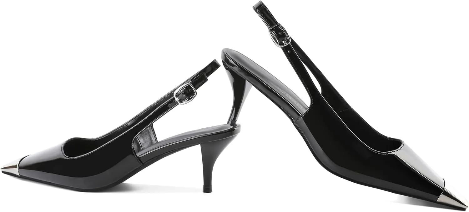 AUMOTED Slingback Kitten Heels for Women Stiletto Heels Silver Cap Square Toe Pumps with Buckle Low Heel Sandals 2.4 Inch Evening Party Wedding Shoes