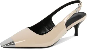 AUMOTED Slingback Kitten Heels for Women Stiletto Heels Silver Cap Square Toe Pumps with Buckle Low Heel Sandals 2.4 Inch Evening Party Wedding Shoes