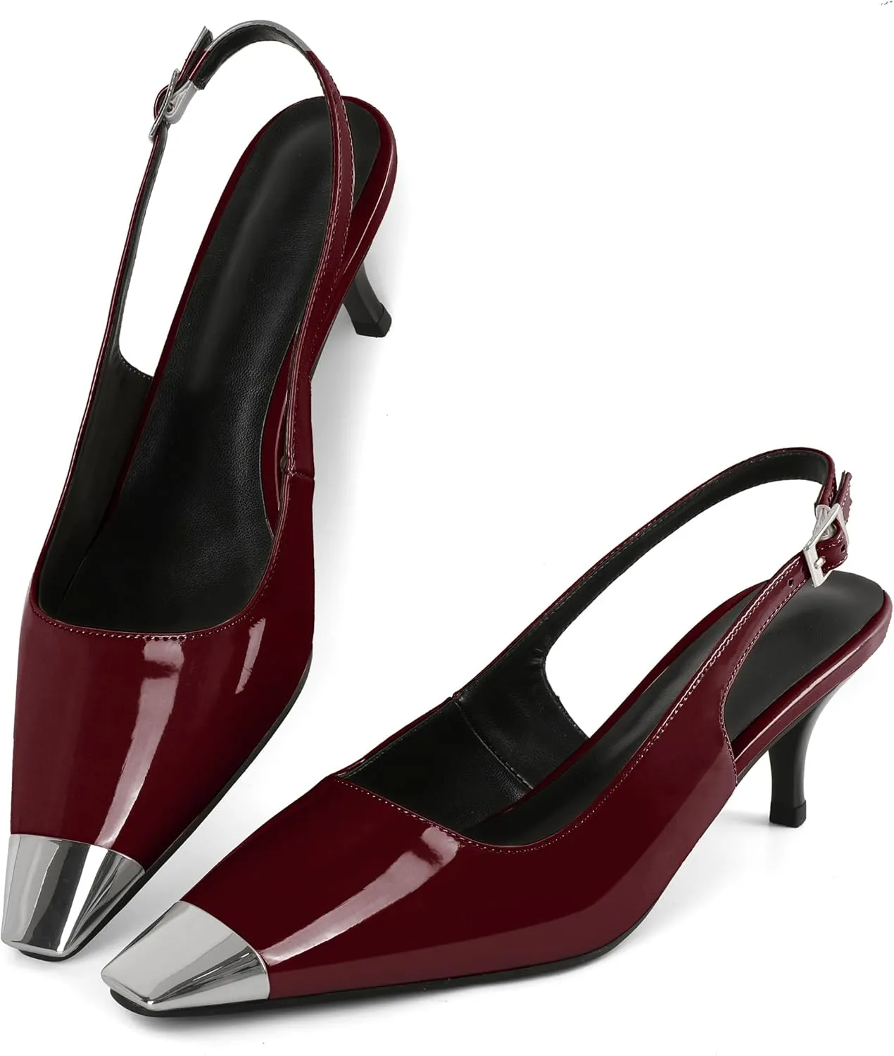 AUMOTED Slingback Kitten Heels for Women Stiletto Heels Silver Cap Square Toe Pumps with Buckle Low Heel Sandals 2.4 Inch Evening Party Wedding Shoes