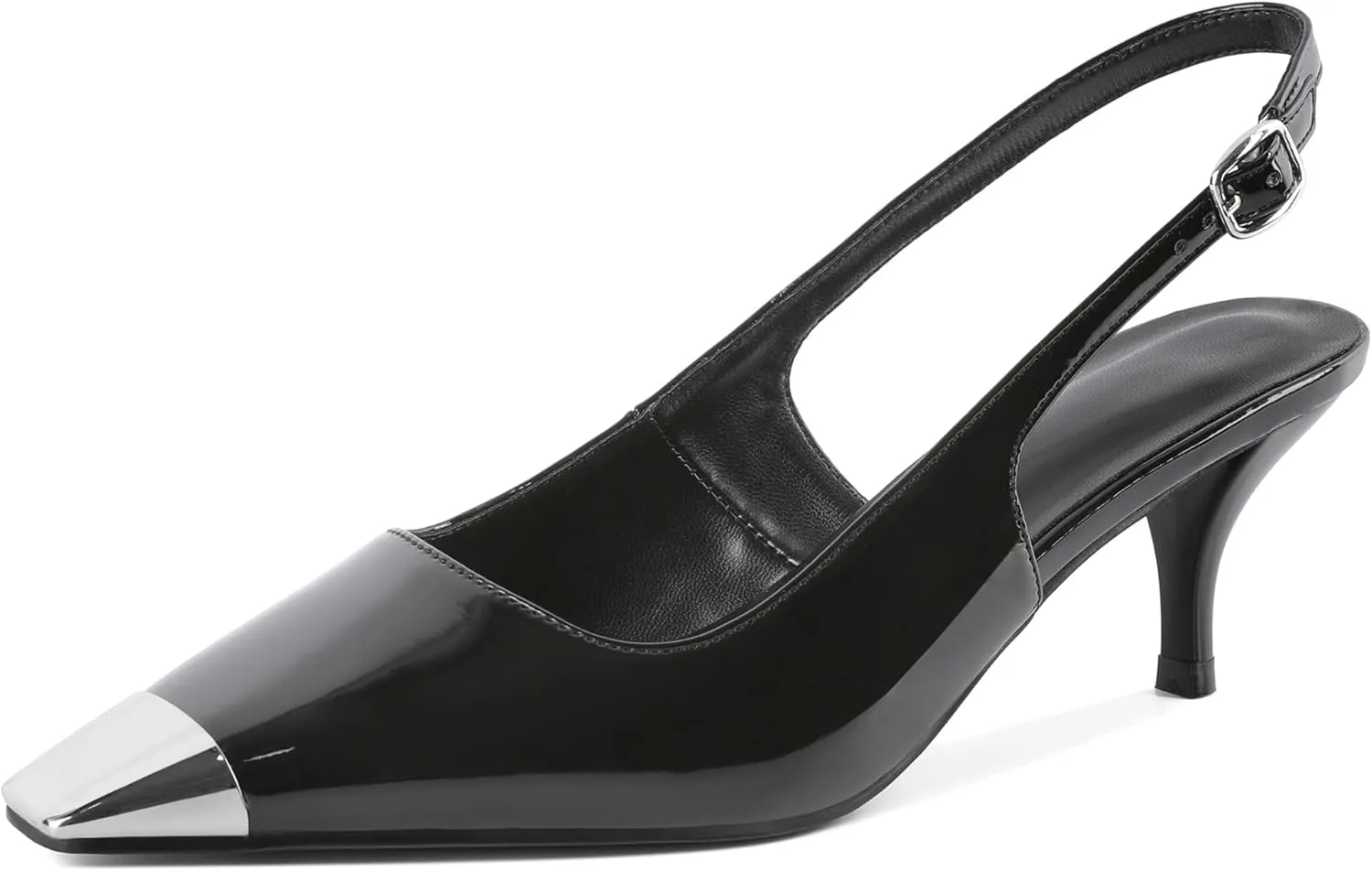 AUMOTED Slingback Kitten Heels for Women Stiletto Heels Silver Cap Square Toe Pumps with Buckle Low Heel Sandals 2.4 Inch Evening Party Wedding Shoes