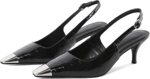 AUMOTED Slingback Kitten Heels for Women Stiletto Heels Silver Cap Square Toe Pumps with Buckle Low Heel Sandals 2.4 Inch Evening Party Wedding Shoes