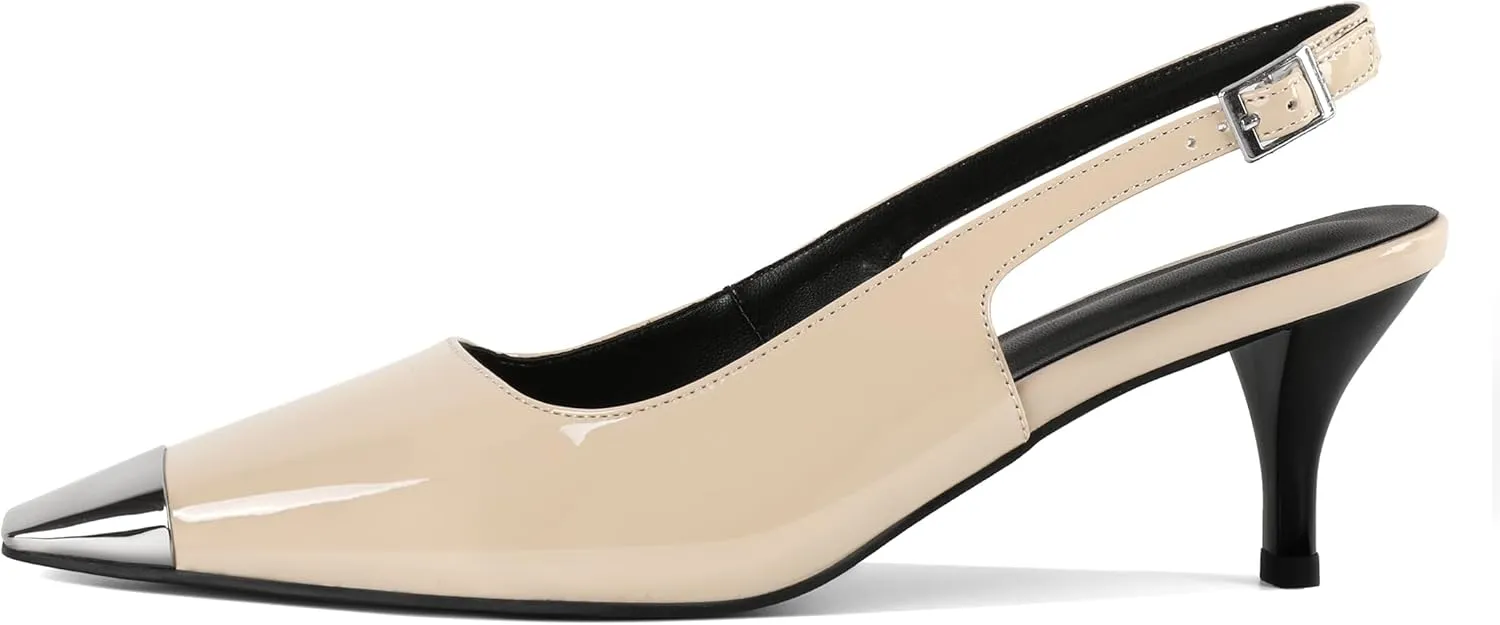 AUMOTED Slingback Kitten Heels for Women Stiletto Heels Silver Cap Square Toe Pumps with Buckle Low Heel Sandals 2.4 Inch Evening Party Wedding Shoes