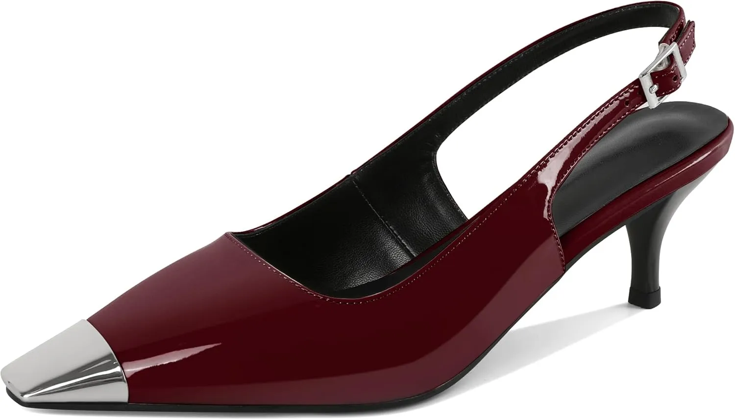 AUMOTED Slingback Kitten Heels for Women Stiletto Heels Silver Cap Square Toe Pumps with Buckle Low Heel Sandals 2.4 Inch Evening Party Wedding Shoes