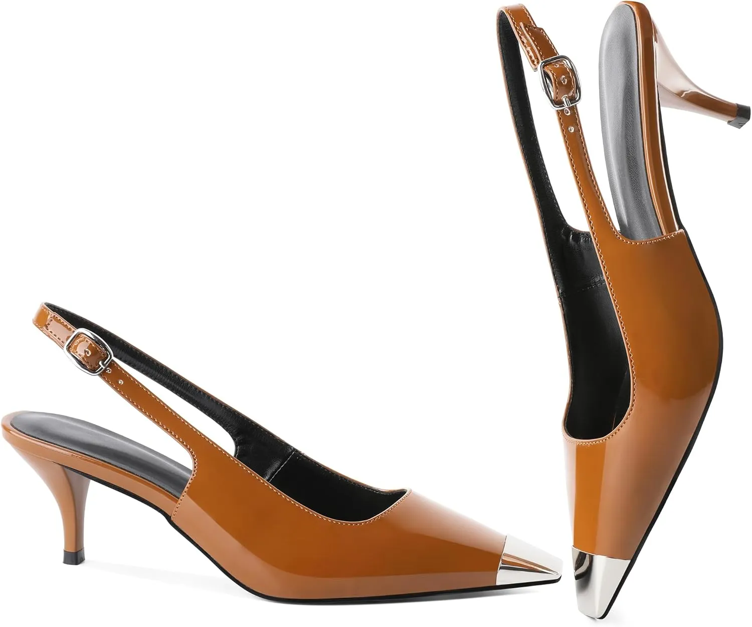 AUMOTED Slingback Kitten Heels for Women Stiletto Heels Silver Cap Square Toe Pumps with Buckle Low Heel Sandals 2.4 Inch Evening Party Wedding Shoes