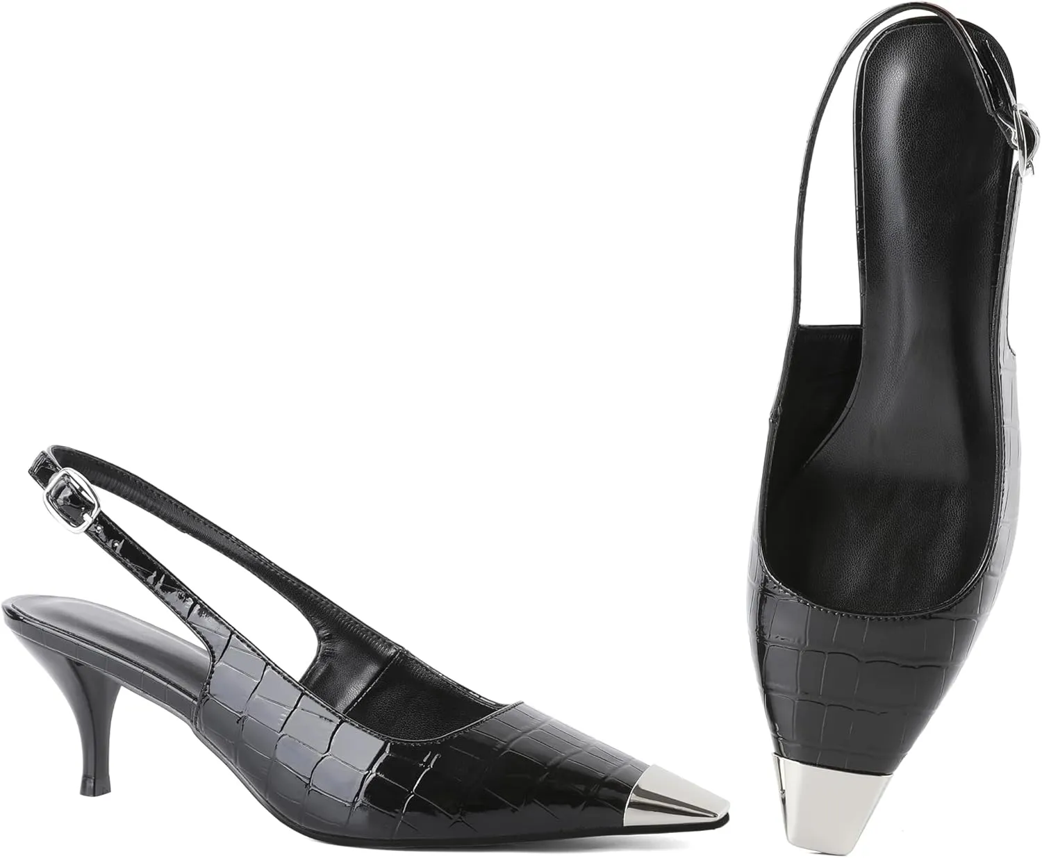 AUMOTED Slingback Kitten Heels for Women Stiletto Heels Silver Cap Square Toe Pumps with Buckle Low Heel Sandals 2.4 Inch Evening Party Wedding Shoes