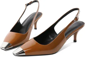 AUMOTED Slingback Kitten Heels for Women Stiletto Heels Silver Cap Square Toe Pumps with Buckle Low Heel Sandals 2.4 Inch Evening Party Wedding Shoes