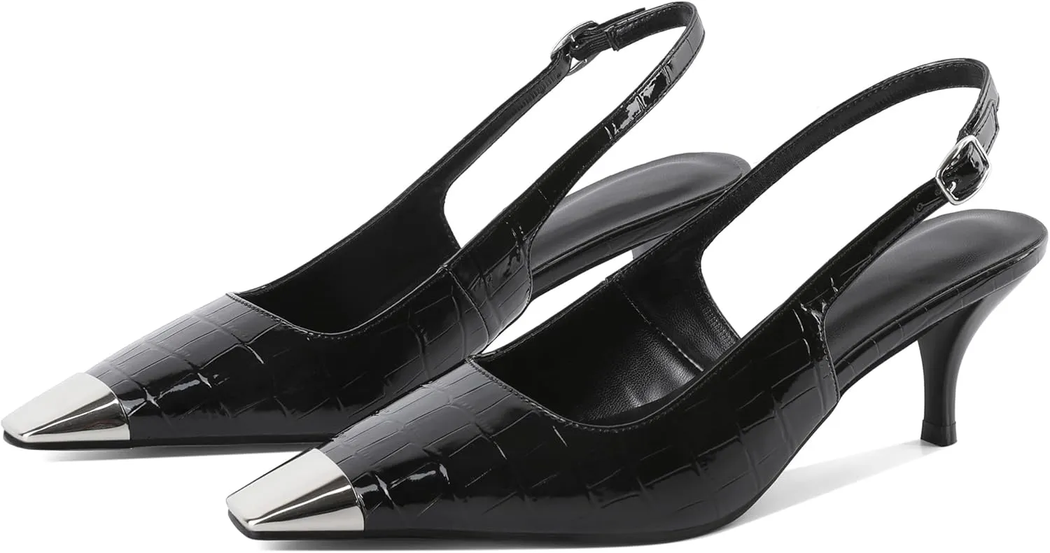 AUMOTED Slingback Kitten Heels for Women Stiletto Heels Silver Cap Square Toe Pumps with Buckle Low Heel Sandals 2.4 Inch Evening Party Wedding Shoes
