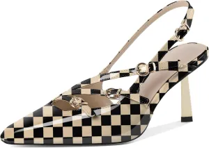 AUMOTED Women's Slingback Stiletto High Heels Closed Square Toe Metallic Buckle Pumps with Backless Strap Heeled Sandals 3 Inch Dress Pump Shoes