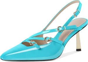 AUMOTED Women's Slingback Stiletto High Heels Closed Square Toe Metallic Buckle Pumps with Backless Strap Heeled Sandals 3 Inch Dress Pump Shoes