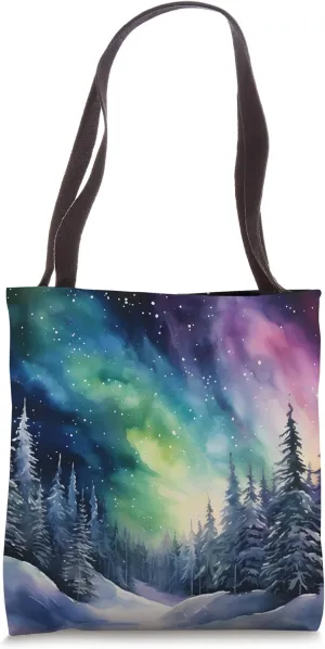 Aurora Northern Lights Winter Stars Watercolor Tote Bag