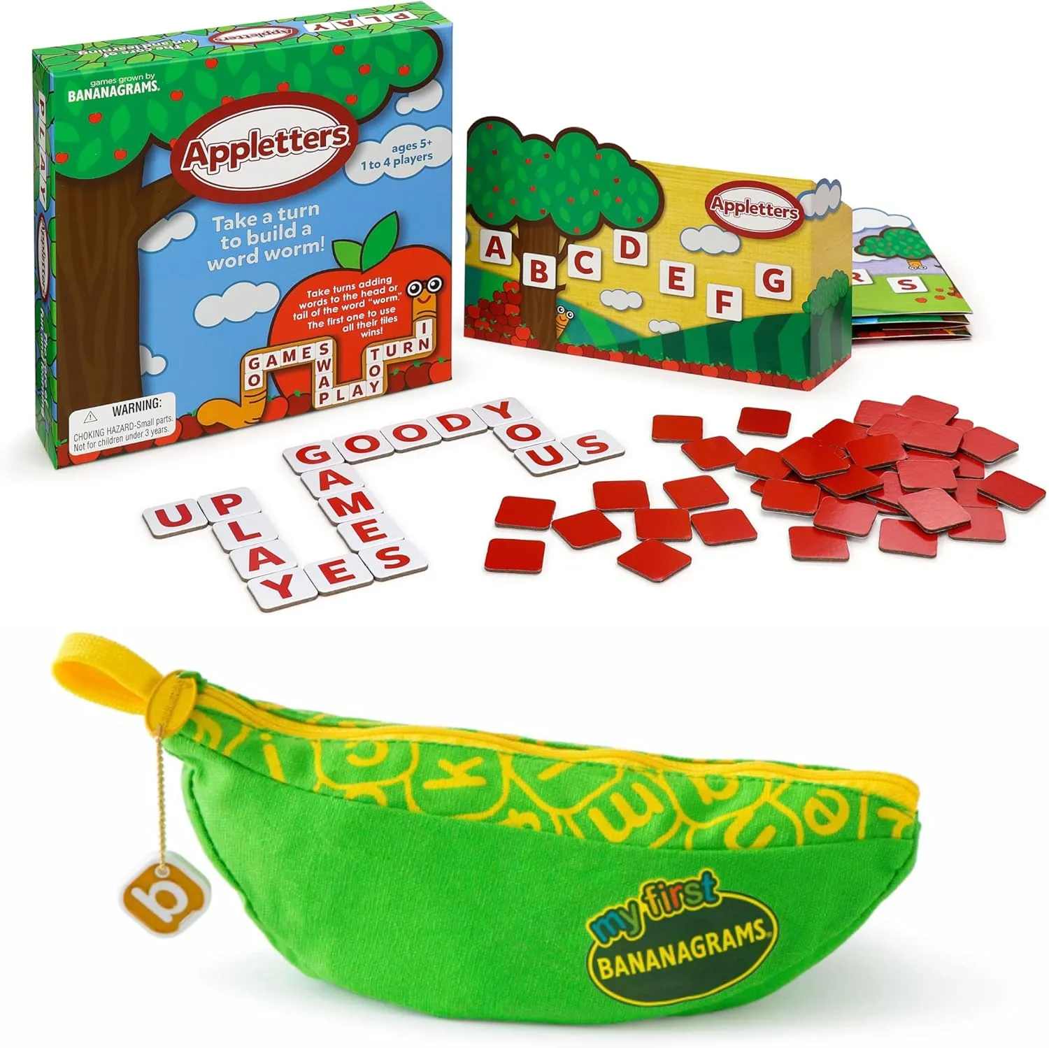 Bananagrams My First Appletters 2.0 Bundle. Fun Educational Word Games for Kids & Families. Early Learning & Spelling Practice. Perfect for Game Nights, Travel, and Developmental Play