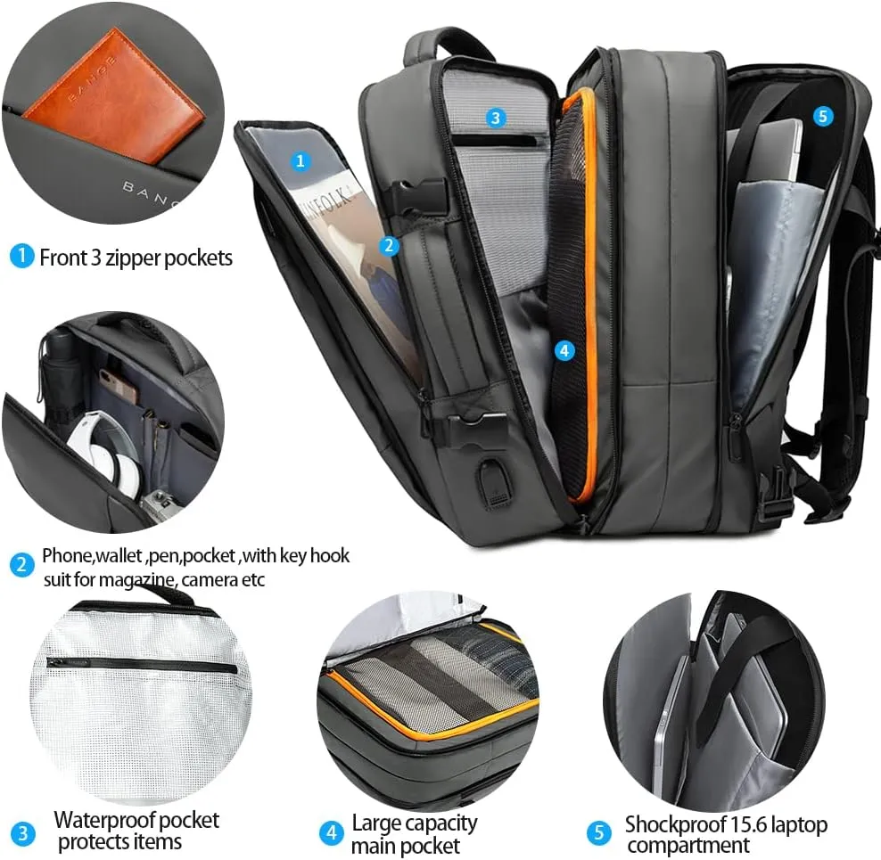 BANGE 45L Carry-on Backpack, Expandable Travel Backpacks for Airplanes,Convertible Weekend Backpack Briefcase for Traveling,Water Resistant College 17.3” Laptop Backpack for Men & Women