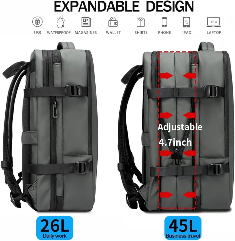 BANGE 45L Carry-on Backpack, Expandable Travel Backpacks for Airplanes,Convertible Weekend Backpack Briefcase for Traveling,Water Resistant College 17.3” Laptop Backpack for Men & Women
