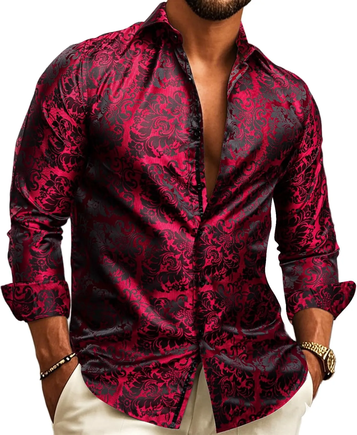 Barry.Wang Mens Western Shirts Silk Paisley Long Sleeve Button Down Dress Shirt Designer Mexico Cowboy Shirt Party Casual