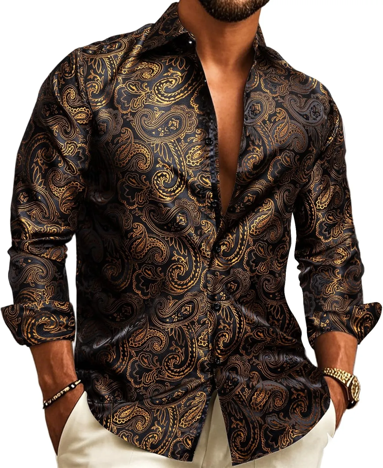 Barry.Wang Mens Western Shirts Silk Paisley Long Sleeve Button Down Dress Shirt Designer Mexico Cowboy Shirt Party Casual
