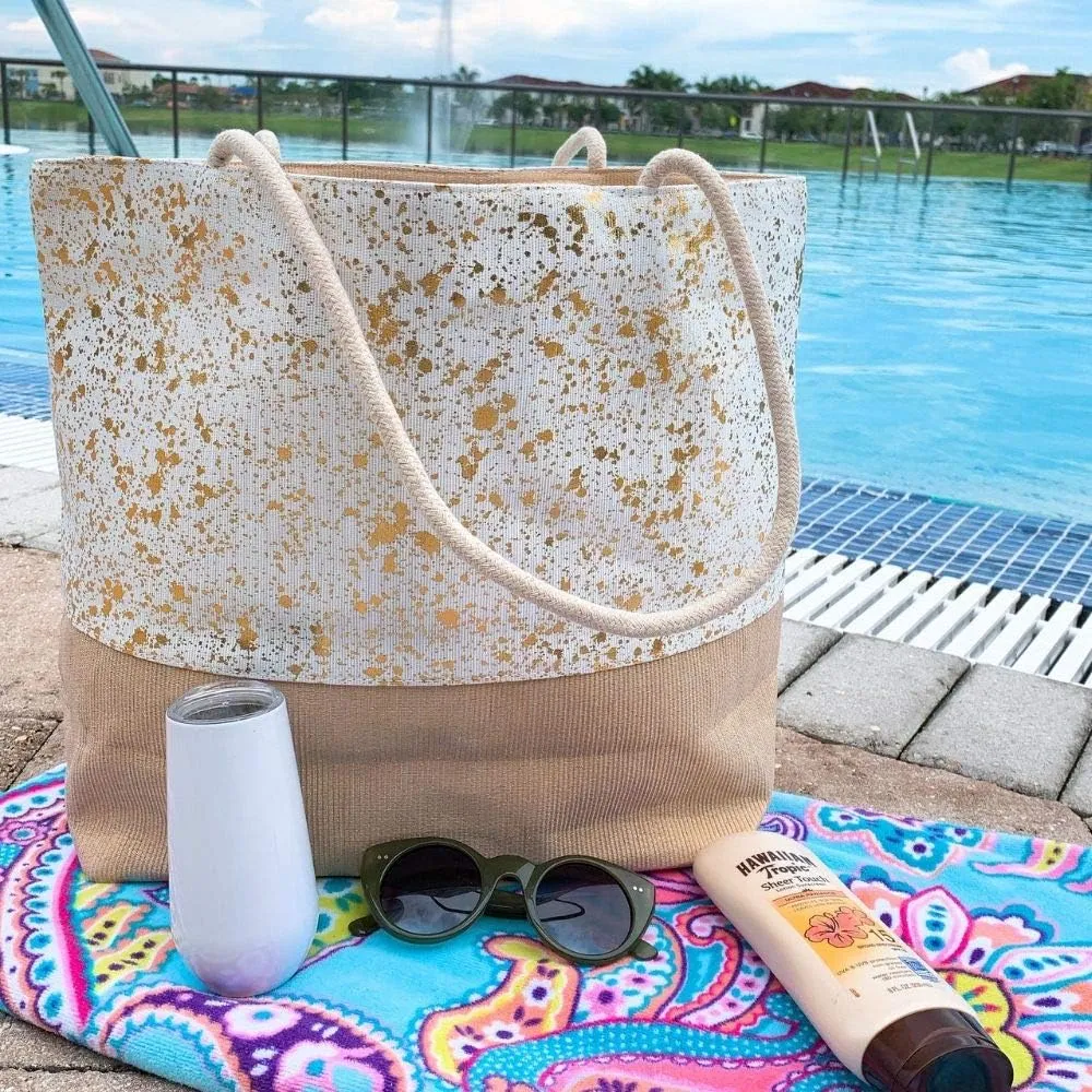 Beach Bag Large for Gym Beach Travel Daily Tote Bags with Top Zipper Closure, Cotton Rope Handles.