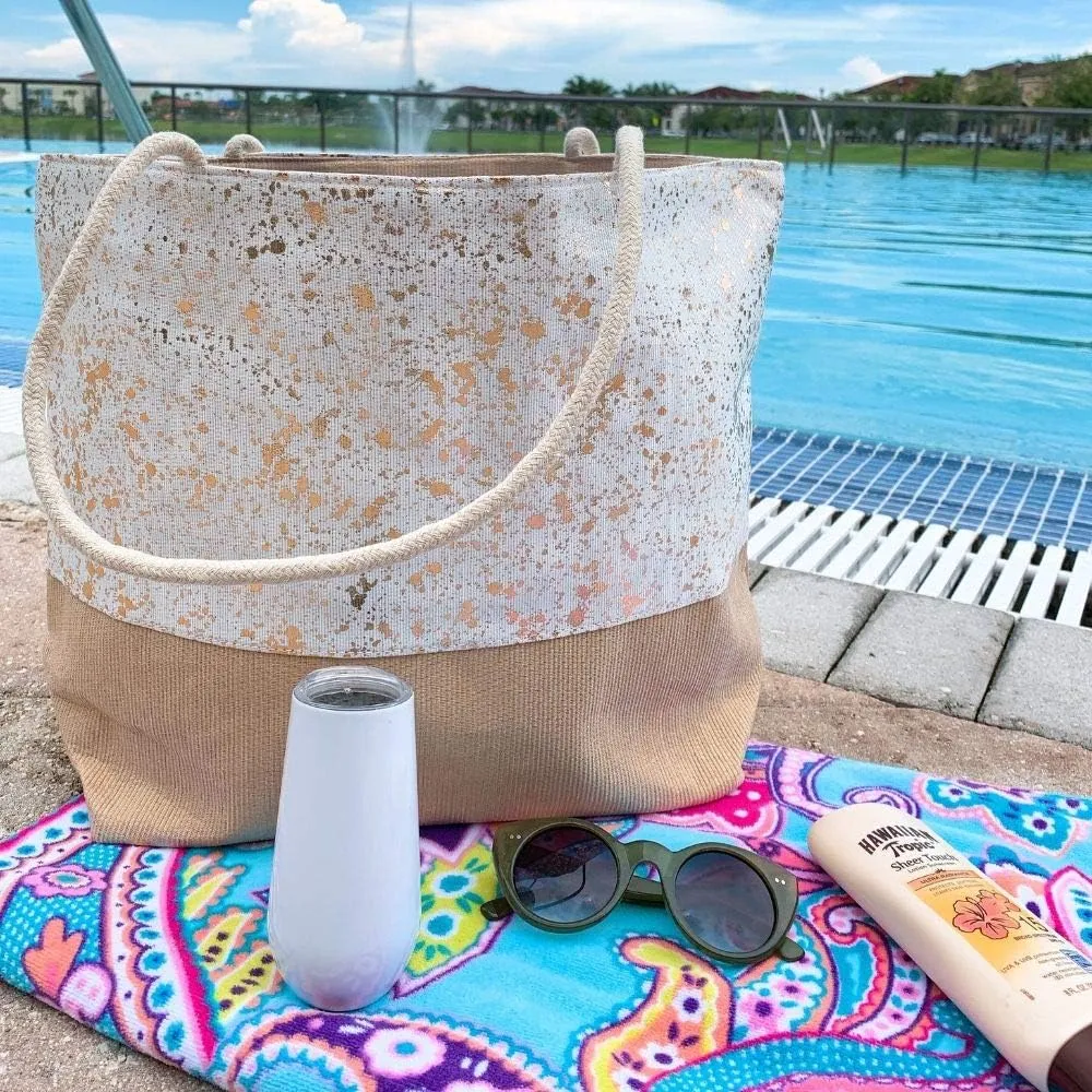 Beach Bag Large for Gym Beach Travel Daily Tote Bags with Top Zipper Closure, Cotton Rope Handles.