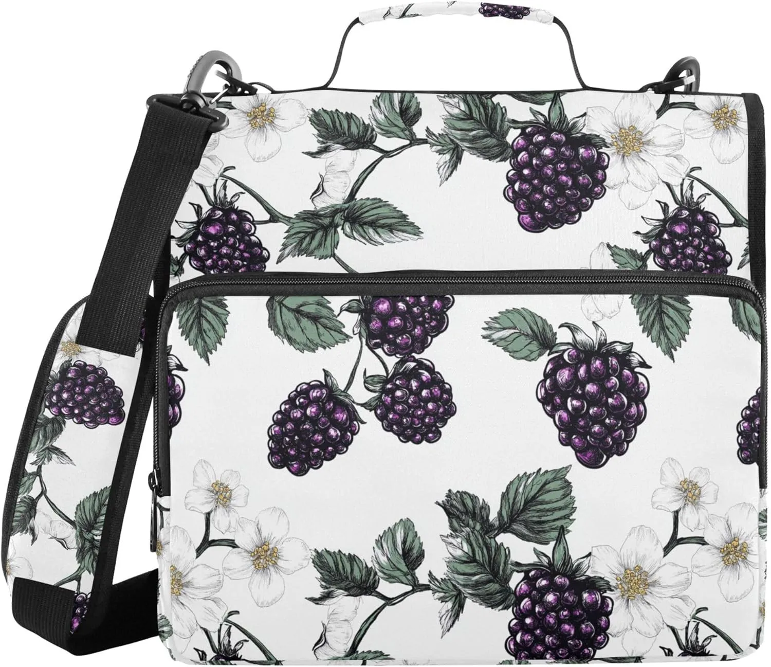 Beauty Blackberries Fruit White Zippered Binder Bag with Shoulder Strap Laege Capacity 1.5 Inch 3 Rings Storage Bag Portfolio Binder Office Supplies