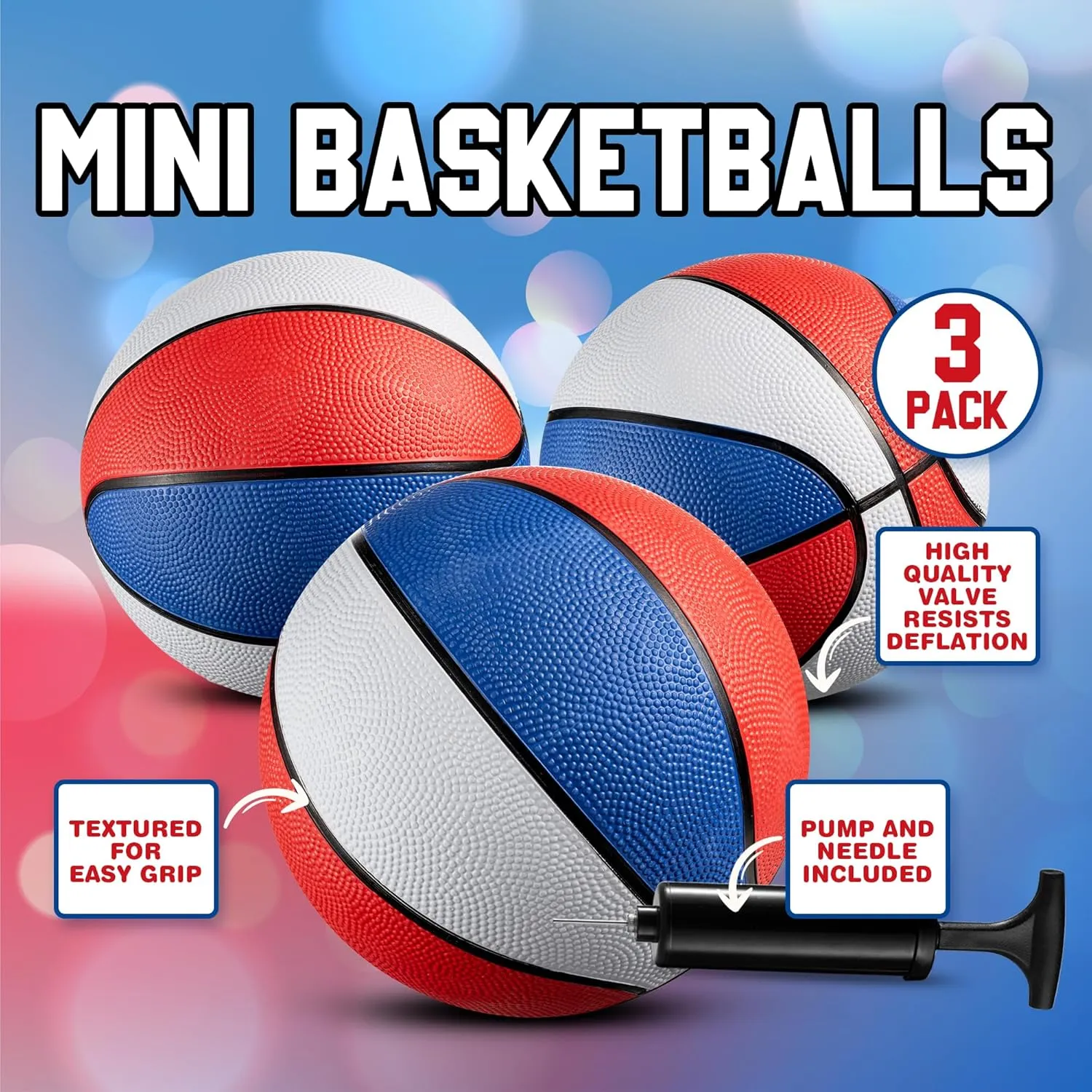 Bedwina Rubber Mini Basketball Balls for Kids - (Pack of 3) 7 Inch, Size 3 - Pool Basketball Hoop Set, Outdoor & Indoor Small Hoops Carnivals, Game Prizes