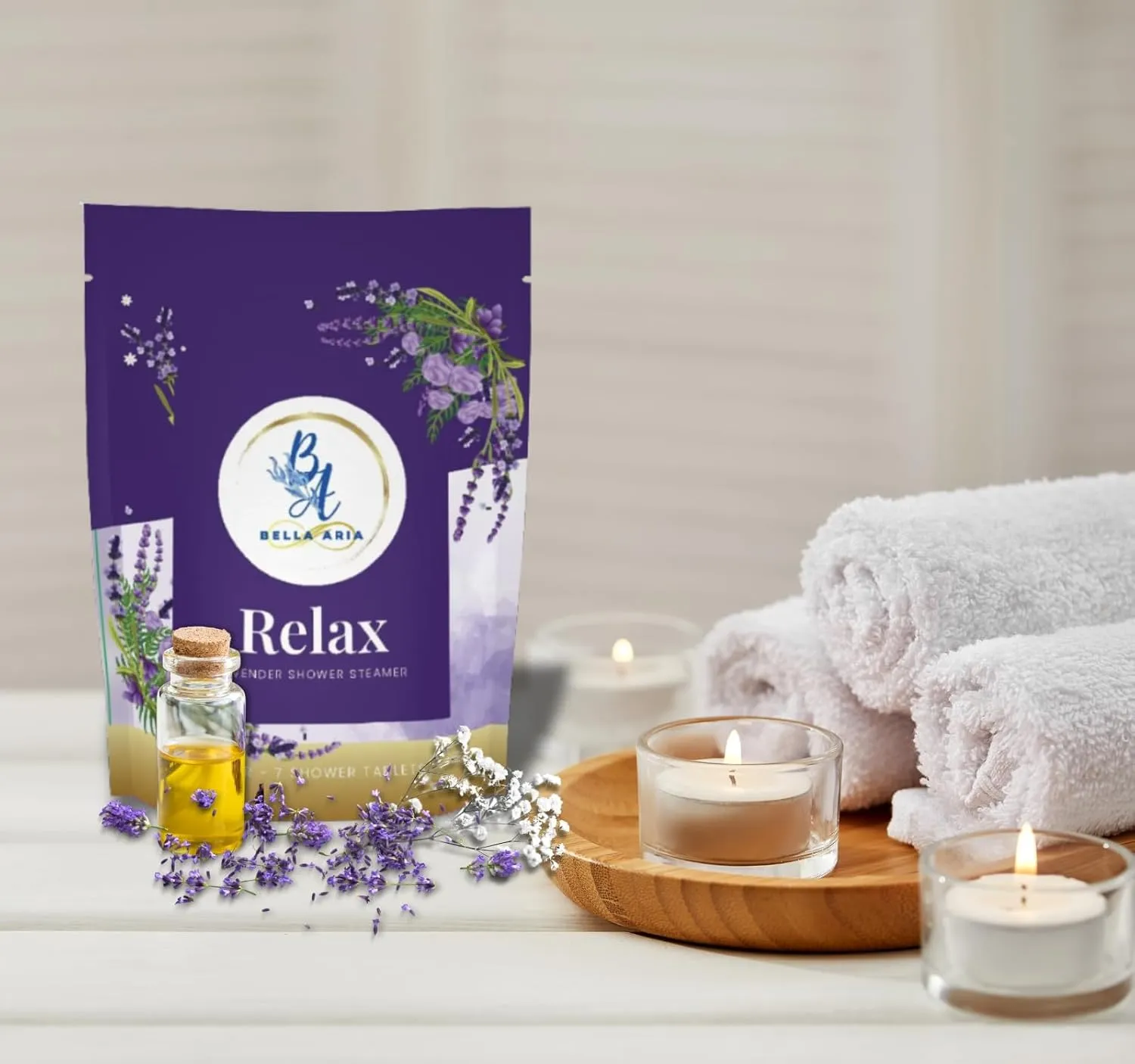 Bella Aria by Just Us Chix - Relax Lavender Shower Steamers, Aromatherapy Spa Experience, 7 Aromatic Tablets with Mesh Bag