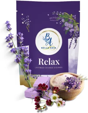 Bella Aria by Just Us Chix - Relax Lavender Shower Steamers, Aromatherapy Spa Experience, 7 Aromatic Tablets with Mesh Bag