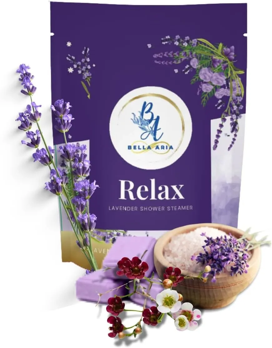 Bella Aria by Just Us Chix - Relax Lavender Shower Steamers, Aromatherapy Spa Experience, 7 Aromatic Tablets with Mesh Bag