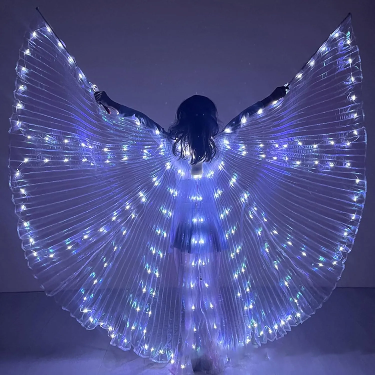 Belly Dance Light up Wing 224Beads LED with Telescopic Sticks Angel Wing for Kids Stage Show Halloween Christmas Party, White, Light up
