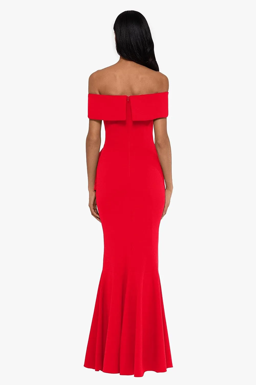 Betsy & Adam Women's Long Off Shoulder Cascade Ruffle Stetch Scuba Crepe Gown
