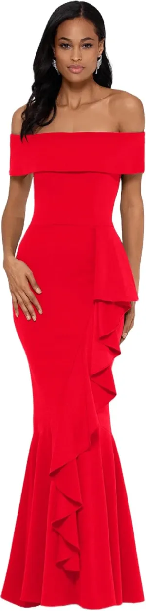 Betsy & Adam Women's Long Off Shoulder Cascade Ruffle Stetch Scuba Crepe Gown