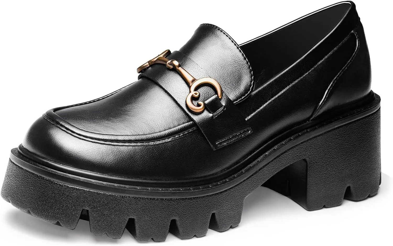 Black Platform Loafers for Women - Women's Slip-On Leather Loafers, Chunky Comfort Shoes for Work & Dressy Occasions