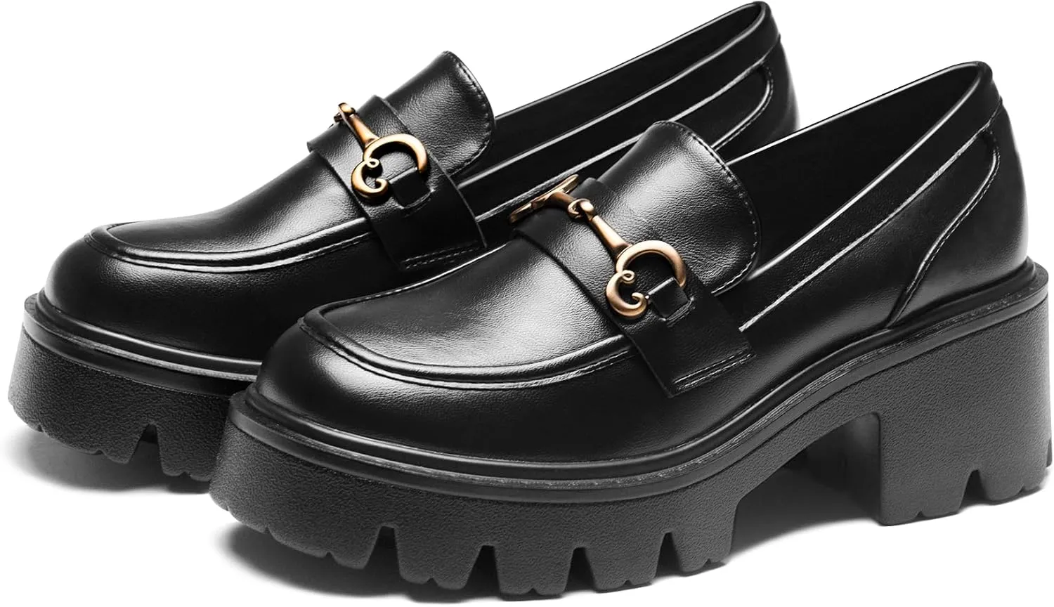 Black Platform Loafers for Women - Women's Slip-On Leather Loafers, Chunky Comfort Shoes for Work & Dressy Occasions