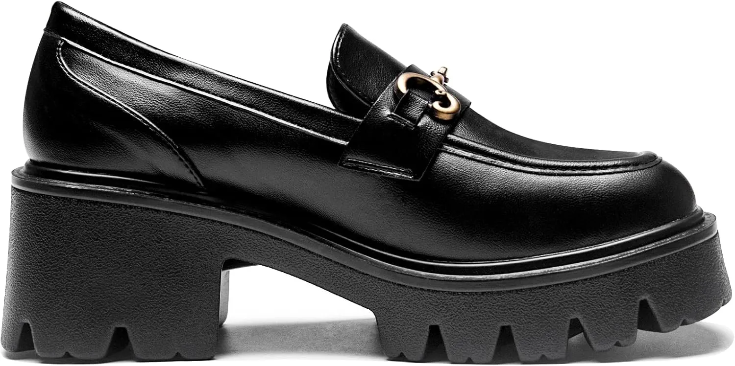 Black Platform Loafers for Women - Women's Slip-On Leather Loafers, Chunky Comfort Shoes for Work & Dressy Occasions