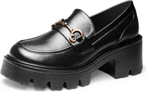 Black Platform Loafers for Women - Women's Slip-On Leather Loafers, Chunky Comfort Shoes for Work & Dressy Occasions