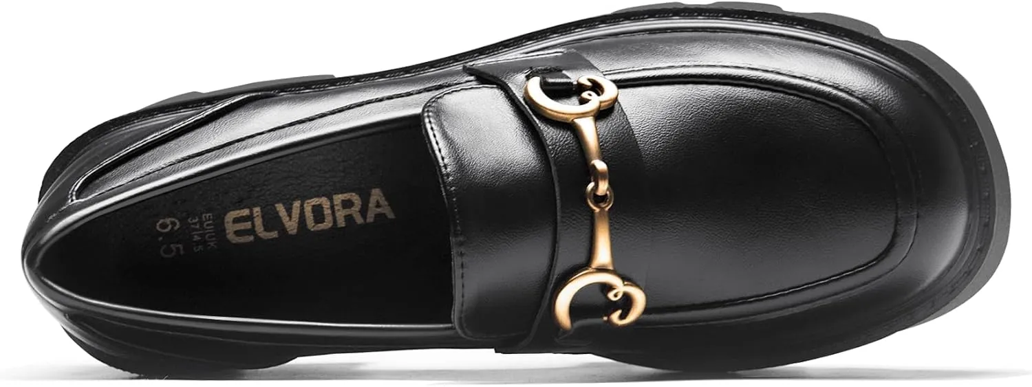 Black Platform Loafers for Women - Women's Slip-On Leather Loafers, Chunky Comfort Shoes for Work & Dressy Occasions