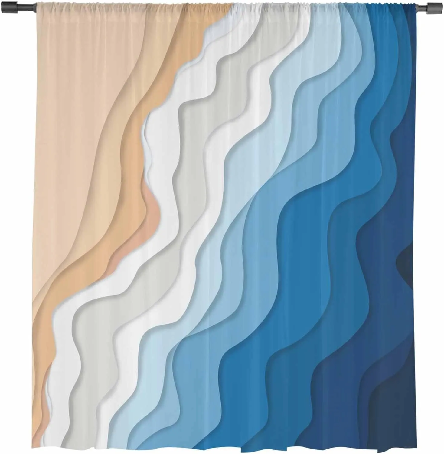 Blue Beige Ocean Beach Waves Sheer Curtains 84 Inch Length, Light Filtering Coastal Stripes Voile Curtain Panel, Rod Pocket Geometric Drapes Ombre Aesthetic Window Treatments for Living Room 52"x84"