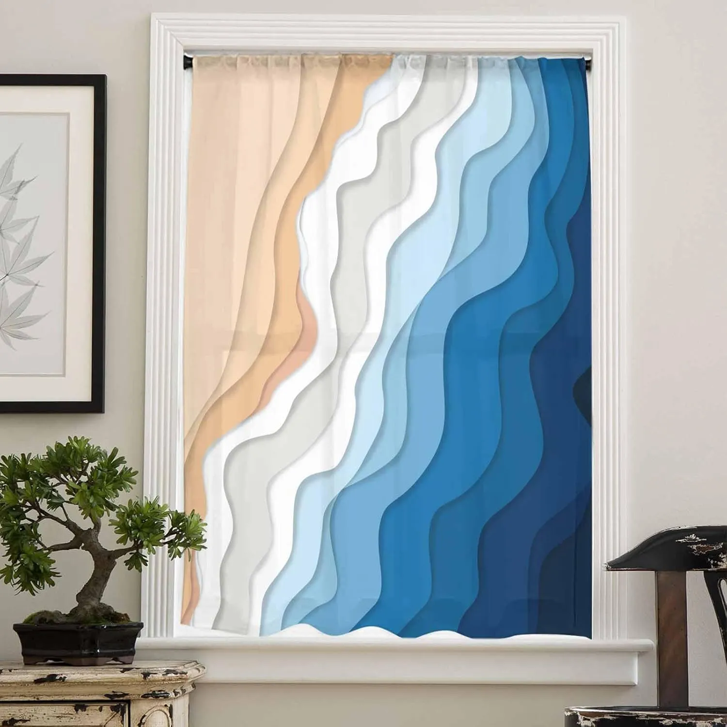 Blue Beige Ocean Beach Waves Sheer Curtains 84 Inch Length, Light Filtering Coastal Stripes Voile Curtain Panel, Rod Pocket Geometric Drapes Ombre Aesthetic Window Treatments for Living Room 52"x84"