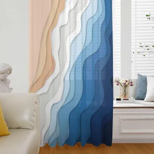 Blue Beige Ocean Beach Waves Sheer Curtains 84 Inch Length, Light Filtering Coastal Stripes Voile Curtain Panel, Rod Pocket Geometric Drapes Ombre Aesthetic Window Treatments for Living Room 52"x84"