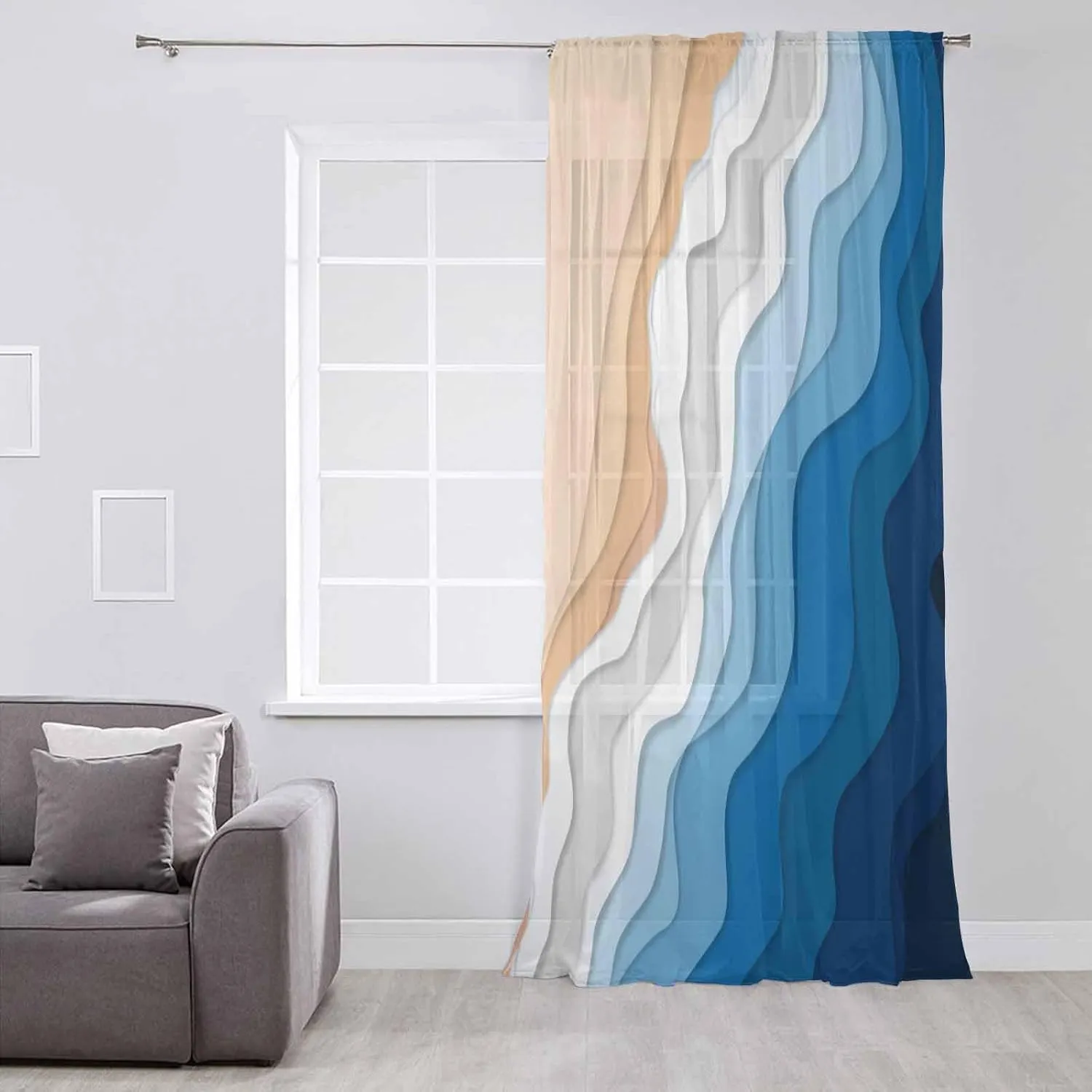 Blue Beige Ocean Beach Waves Sheer Curtains 84 Inch Length, Light Filtering Coastal Stripes Voile Curtain Panel, Rod Pocket Geometric Drapes Ombre Aesthetic Window Treatments for Living Room 52"x84"