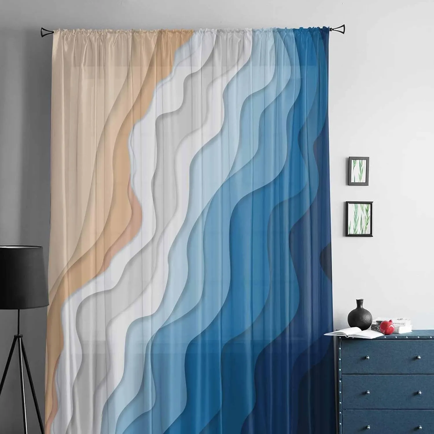Blue Beige Ocean Beach Waves Sheer Curtains 84 Inch Length, Light Filtering Coastal Stripes Voile Curtain Panel, Rod Pocket Geometric Drapes Ombre Aesthetic Window Treatments for Living Room 52"x84"