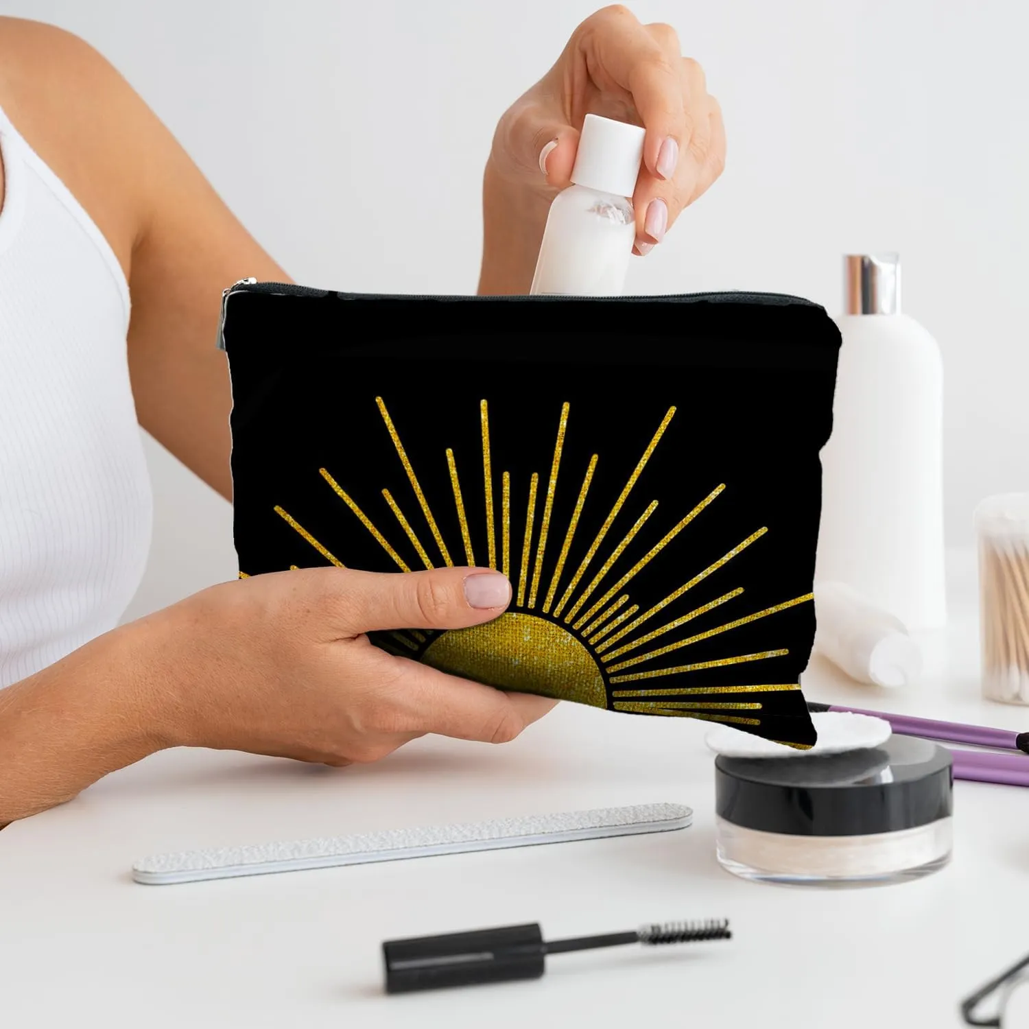Boho Makeup Bag, Boho Abstract Black and Gold Sun Sunshine Makeup Bags for Women, Boho Gifts for Women, Boho Makeup Pouch Zipper Pouch, Aesthetic Makeup Bag