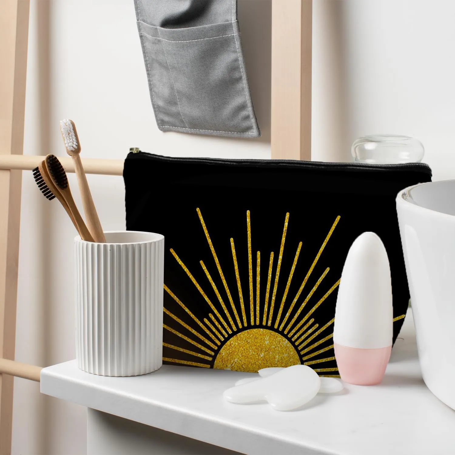 Boho Makeup Bag, Boho Abstract Black and Gold Sun Sunshine Makeup Bags for Women, Boho Gifts for Women, Boho Makeup Pouch Zipper Pouch, Aesthetic Makeup Bag