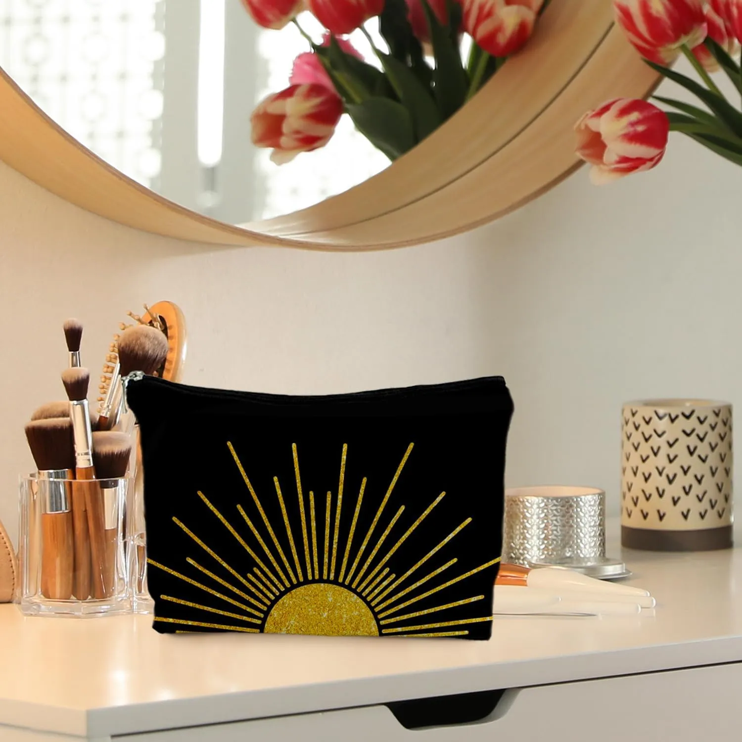 Boho Makeup Bag, Boho Abstract Black and Gold Sun Sunshine Makeup Bags for Women, Boho Gifts for Women, Boho Makeup Pouch Zipper Pouch, Aesthetic Makeup Bag