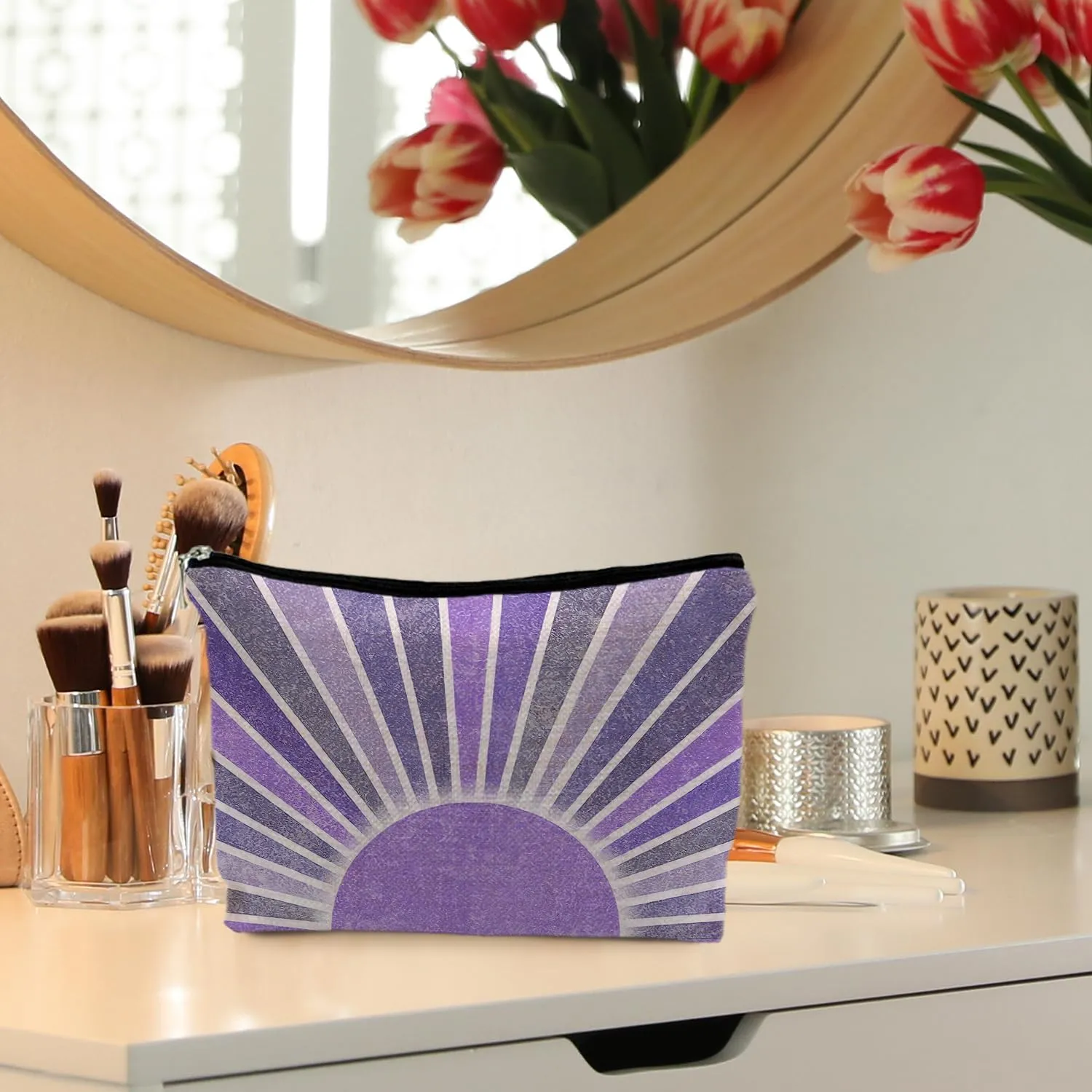 Boho Makeup Bag, Boho Gifts for Women, Boho Abstract Purple Sun Sunshine Makeup Bags for Women, Boho Makeup Pouch Zipper Pouch, Purple Makeup Bag for Women