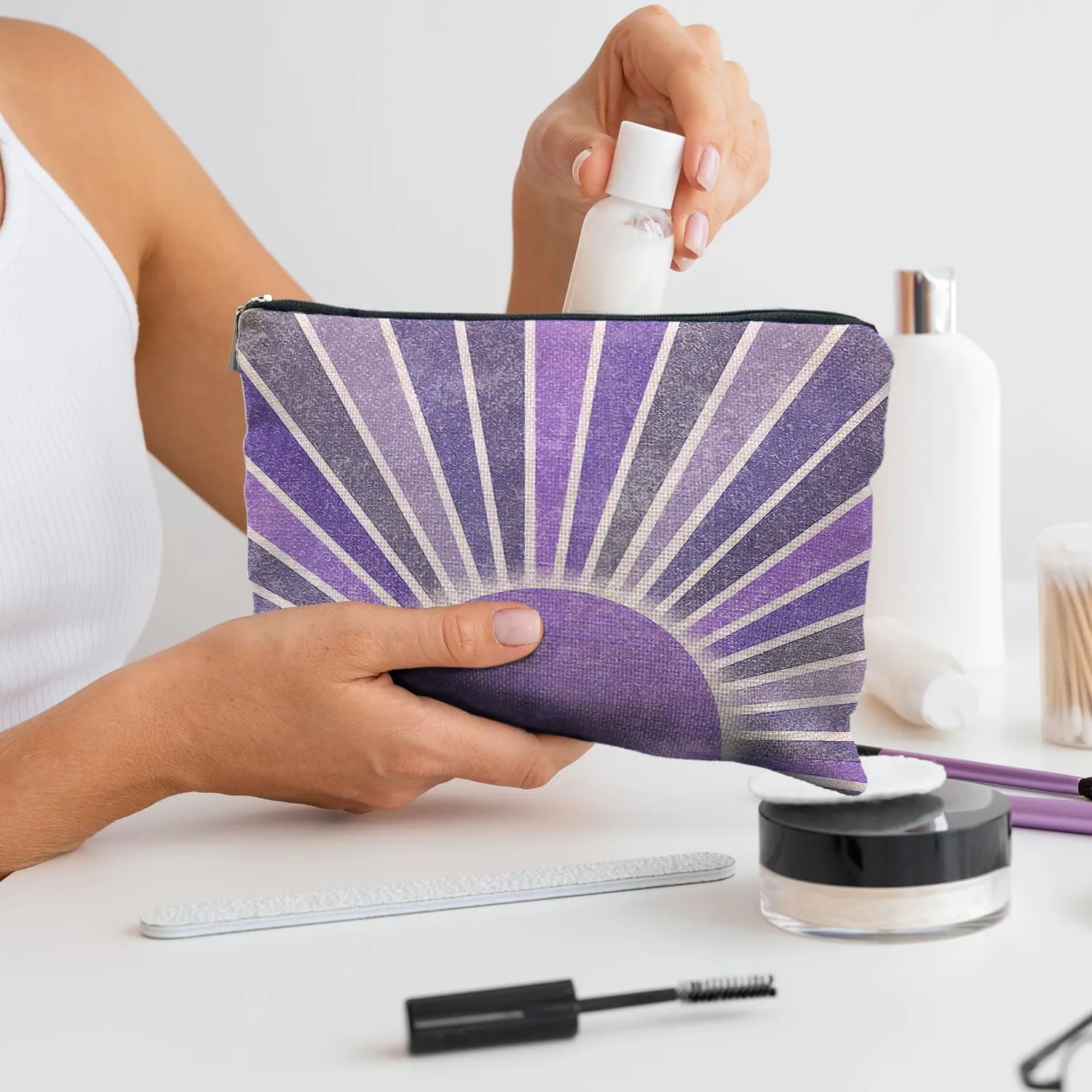 Boho Makeup Bag, Boho Gifts for Women, Boho Abstract Purple Sun Sunshine Makeup Bags for Women, Boho Makeup Pouch Zipper Pouch, Purple Makeup Bag for Women